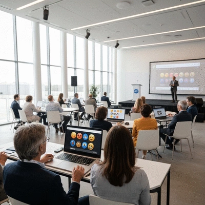 People engaging in a hybrid event, some interacting virtually on laptops and others in-person in a modern event space