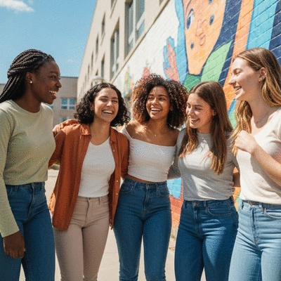 Diverse group of women smiling and supporting each other in a campus setting