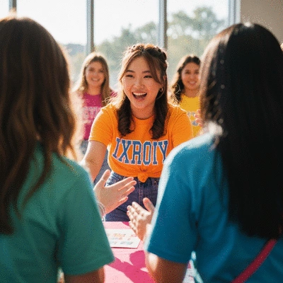 Young woman enthusiastically participating in a sorority recruitment event, surrounded by other students, bright and positive atmosphere, no text, no words, no typography, clean image