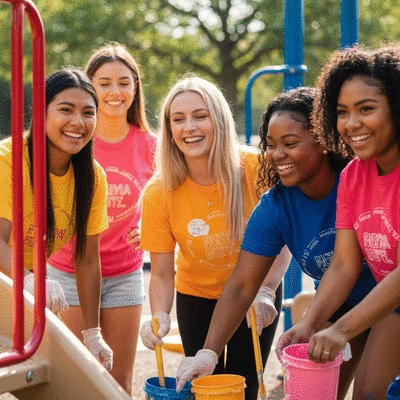Diverse group of sorority members engaging in a community service project, smiling and collaborating