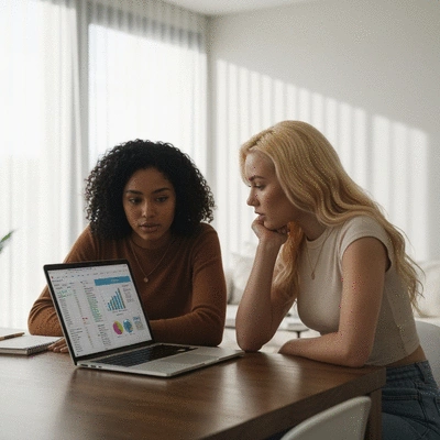 Two young women looking at a financial spreadsheet on a laptop, discussing budgeting for sorority housing, clean modern setting.