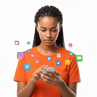 Young woman curating her social media profile on a smartphone, with other social media icons floating around, clean white background, no text, no words, no typography, high resolution
