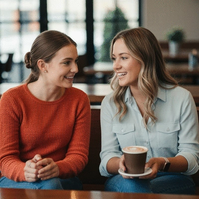 Older sorority sister mentoring younger sorority sister in a coffee shop