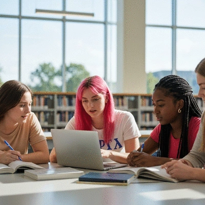 Sorority members studying together in a modern campus library, collaborating on laptops and books