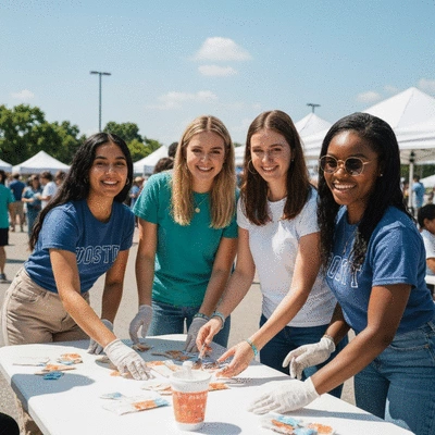 Sorority sisters volunteering at a community event, smiling and working together