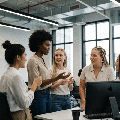 Diverse group of women collaborating and discussing in a modern office space, symbolizing overcoming institutional pushback and building support networks. no text, no words, no typography, no labels, clean image