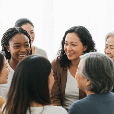 Diverse group of women in a supportive sisterhood circle, smiling and engaged