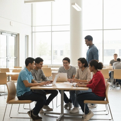 Diverse group of college students collaborating on a project in a modern, light-filled campus common area, symbolizing inclusive spaces and belonging. no text, no words, no typography, no labels, clean image