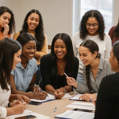 Sorority members participating in a cultural workshop, actively listening and collaborating