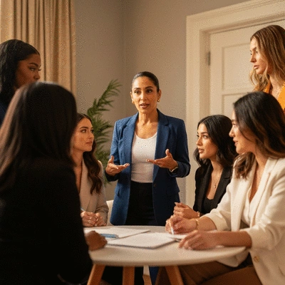 A sorority leader guiding a discussion with members in a supportive environment