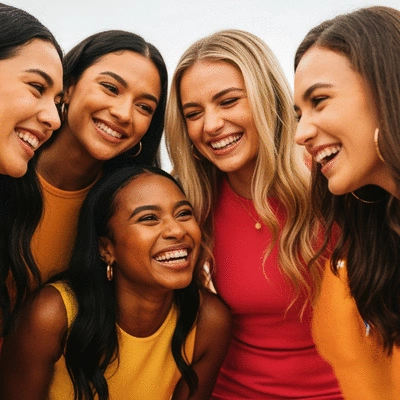 Diverse group of sorority sisters in a supportive huddle, laughing and talking, vibrant and warm lighting, no text, no words, no typography, 8K