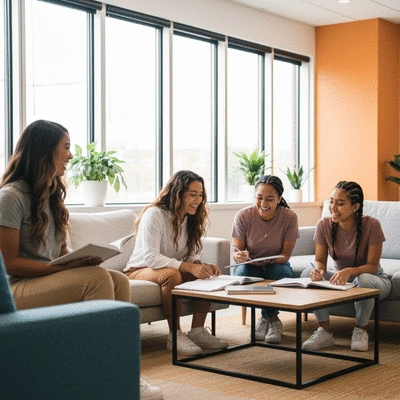 Diverse group of sorority members studying together in a modern common room